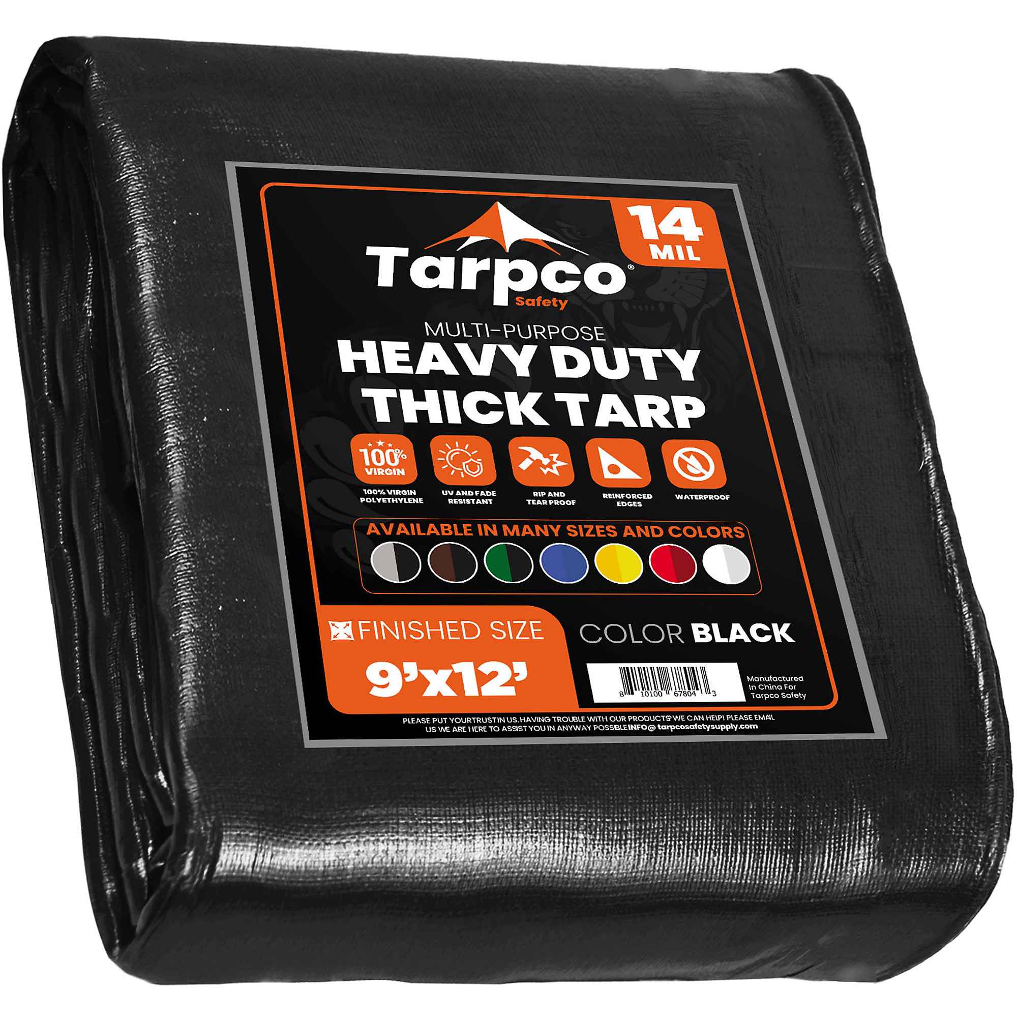 Tarpco Safety Extra Heavy Duty Poly Tarpaulin — 9ft. x 12ft., 14 Mil, Waterproof, UV Resistant, Rip and Tear Proof, Reinforced Edges, Black, Model# TS-106-9X12